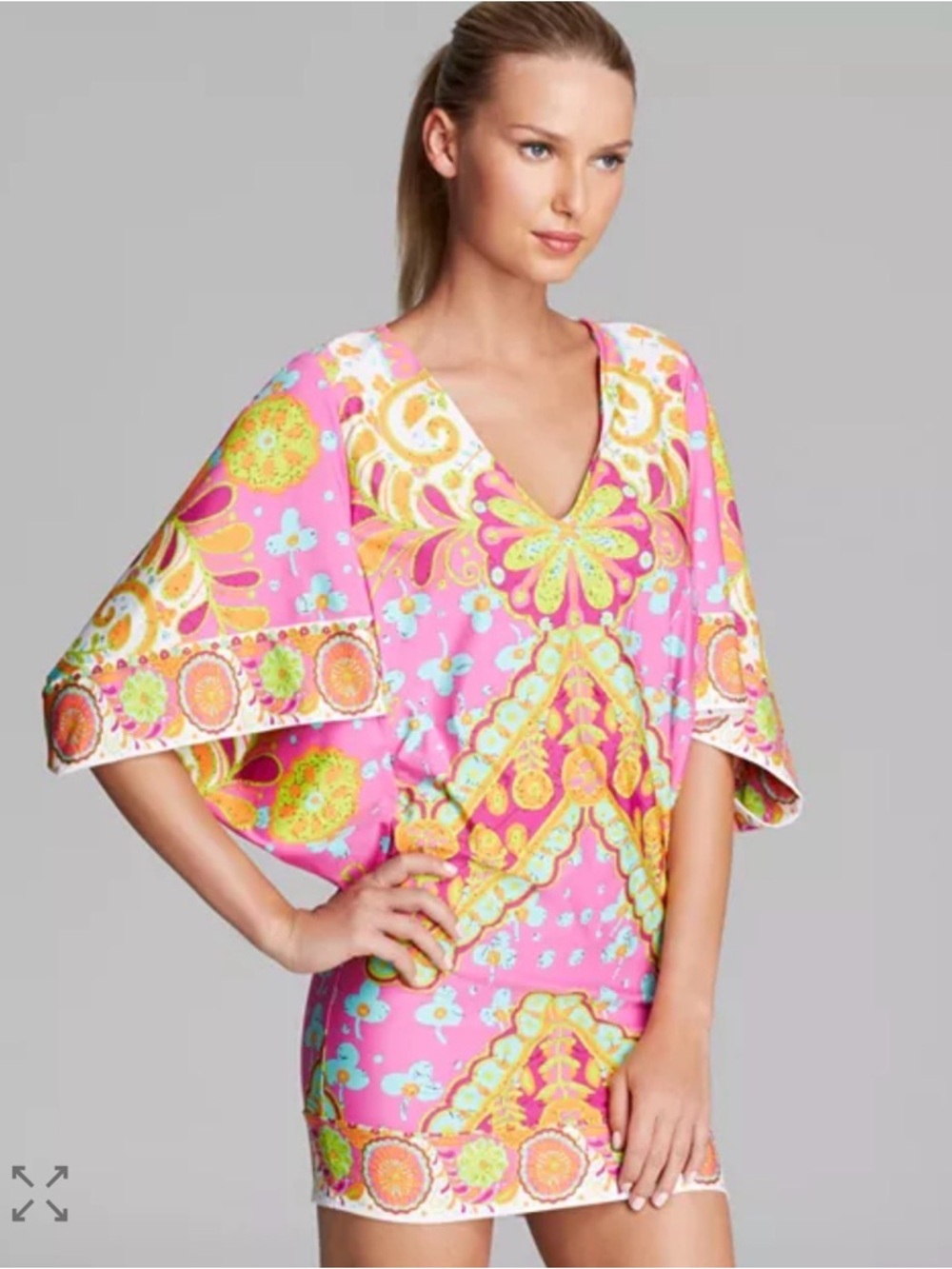 Trina Turk Woodblock Batik Boho Chic Pink Floral Swim Coverup Tunic Dress Size M